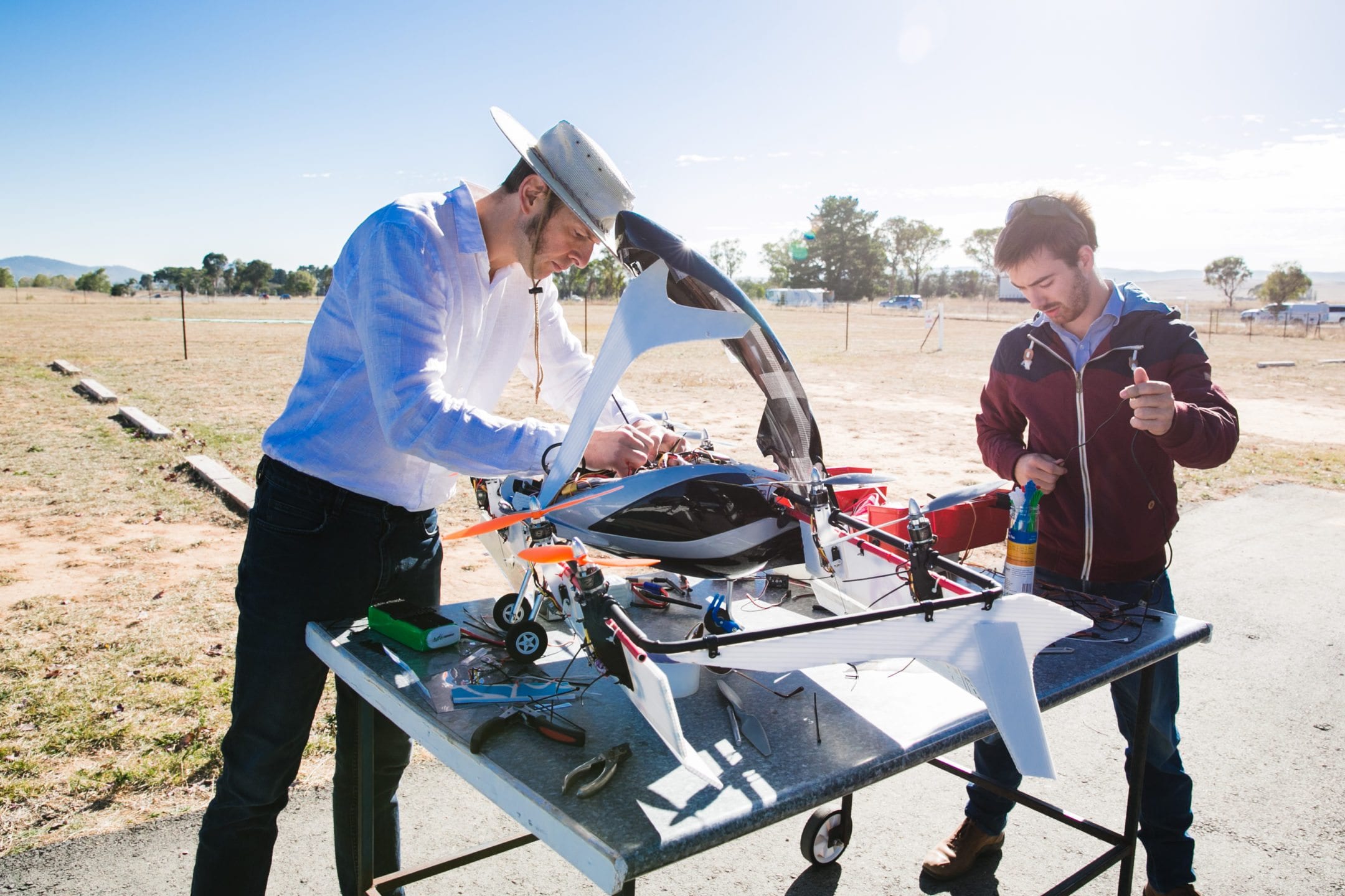 Vertiia co-founder Andrew Moore and design engineer Brian Wilson with ⅕-scale prototype